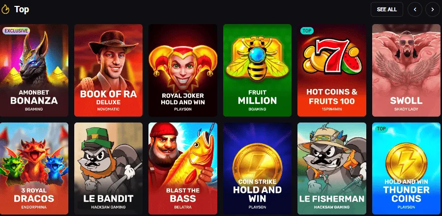Amonbet Casino spellenlobby met meer dan 10.000 slots, tafelspellen en crash games